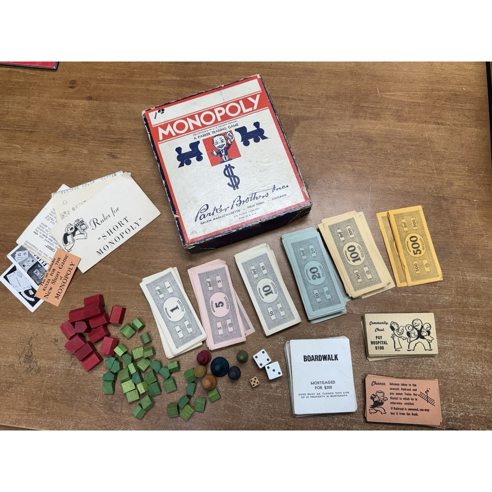 Rare VTG 1936 Monopoly Board Game Wooden Pieces Early Edition - Missing Board